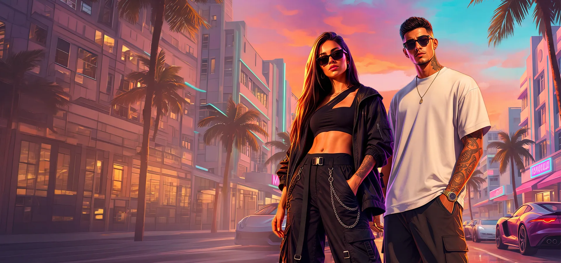 Personagens da Miami em uma avenida com palmeiras ao pôr do sol